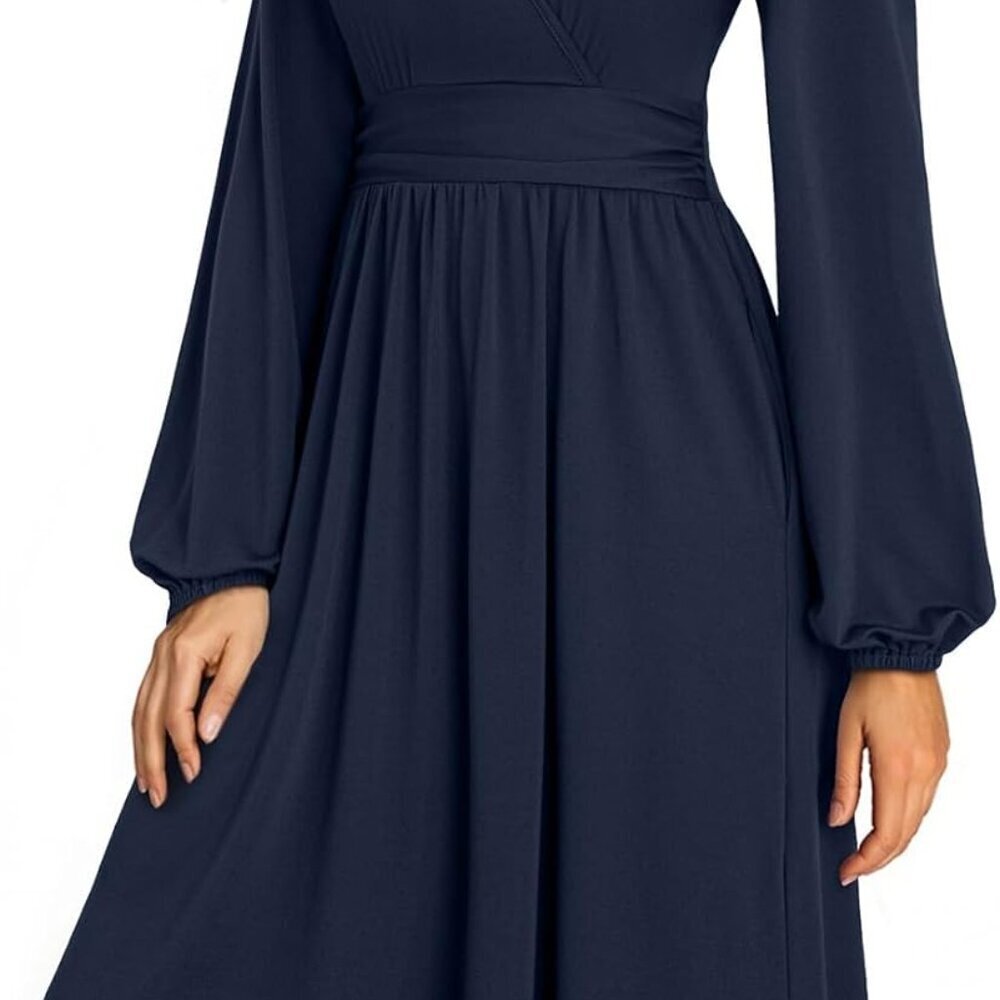 Womens V-Neck Long Sleeve Empire Waist Dress Pockets Casual Elegant Mini